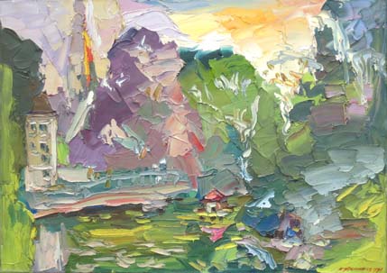 Paysage avec un étang. Paysage avec un étang.