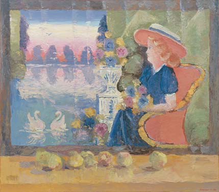 Pommes sous le tableau populaire à la belle dame au chapeau rouge.