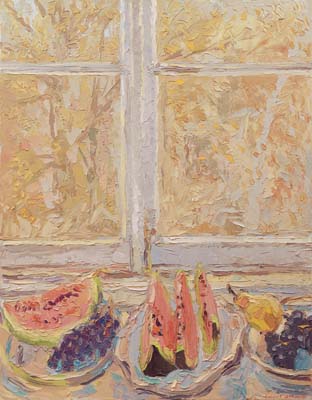 Nature morte d'automne. Pastèque coupée.