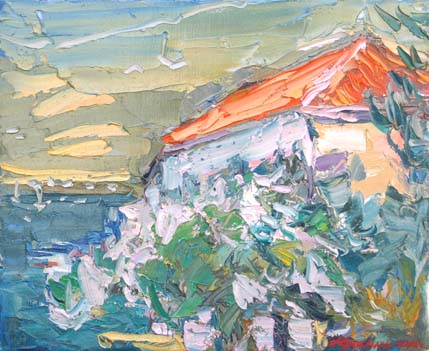 Paysage aux oléandres en fleurs. Korčula.